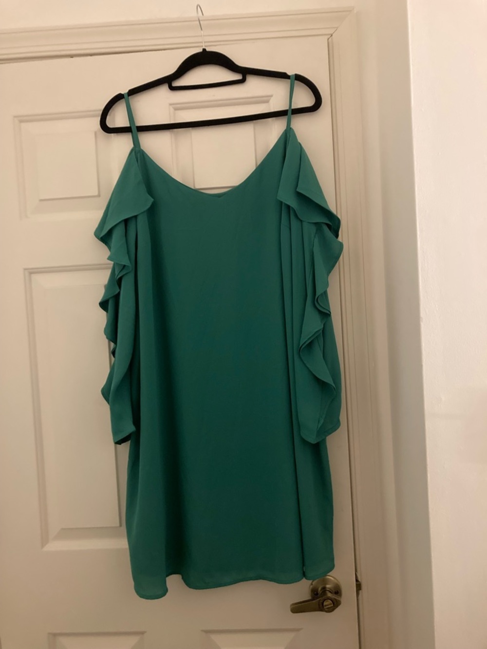 LOFT Plus Green Cold-Shoulder Ruffle Shift Dress - Picture 2 of 5